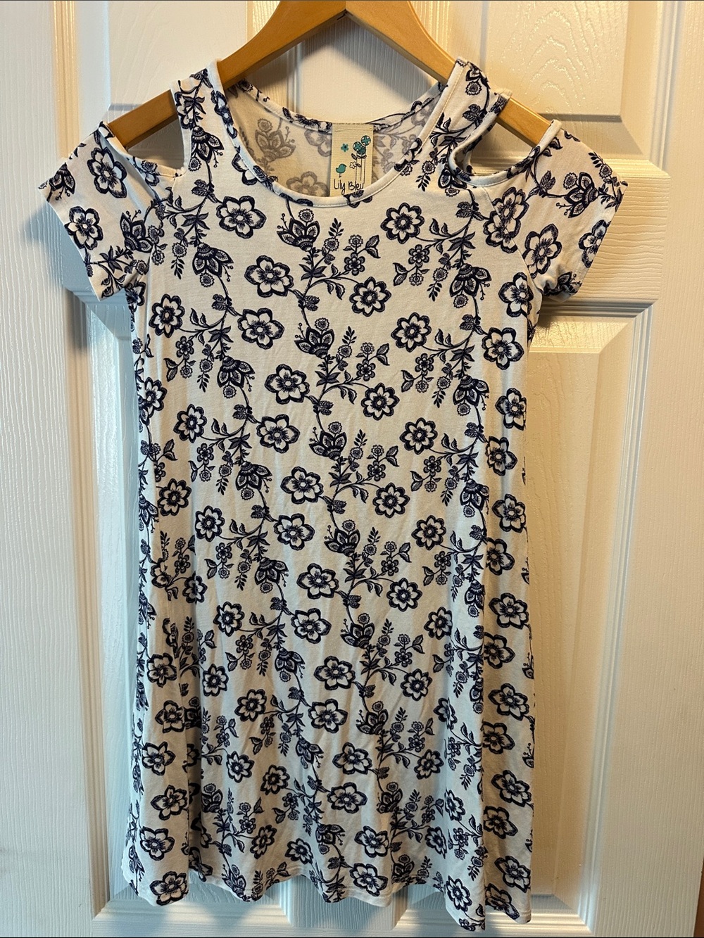 Lily Bleu White Dress with Navy Floral Cutout Shoulders